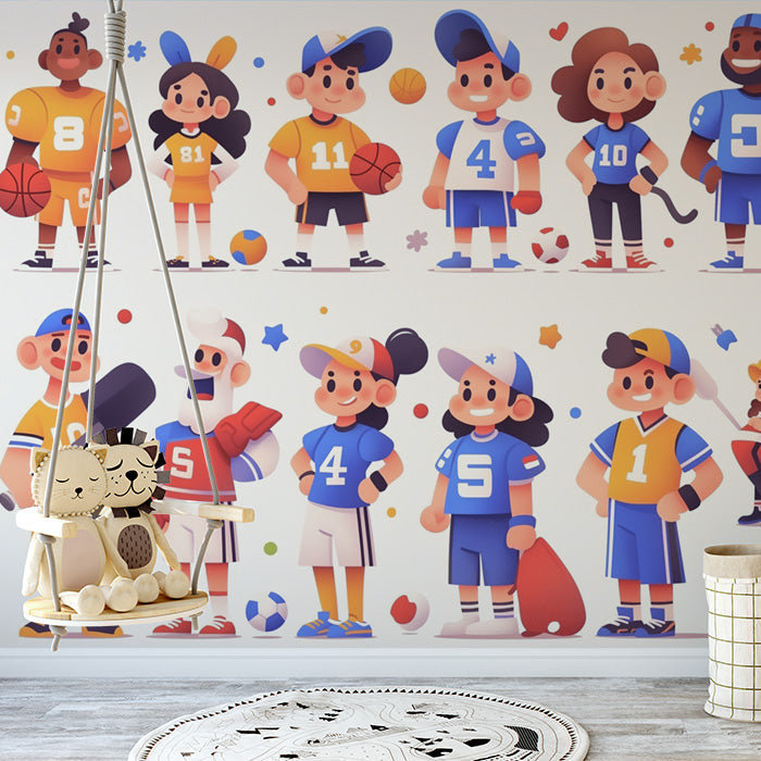 Cartoon Sports Players Mural Wallpaper in Playroom | Various Colors (Orange, Blue, Yellow, etc.) of Sports Players