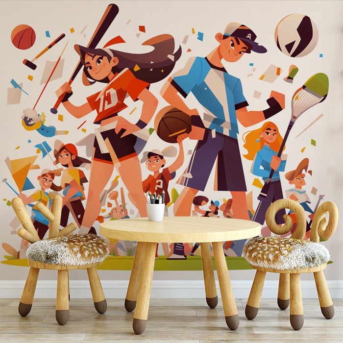 Cartoon Sports Players Mural Wallpaper in Playroom | Various Colors (Orange, Blue, Yellow, etc.) of Sports Players
