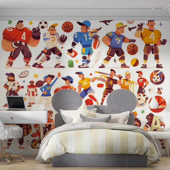 Cartoon Sports Players Mural Wallpaper in Playroom | Various Colors (Orange, Blue, Yellow, etc.) of Sports Players