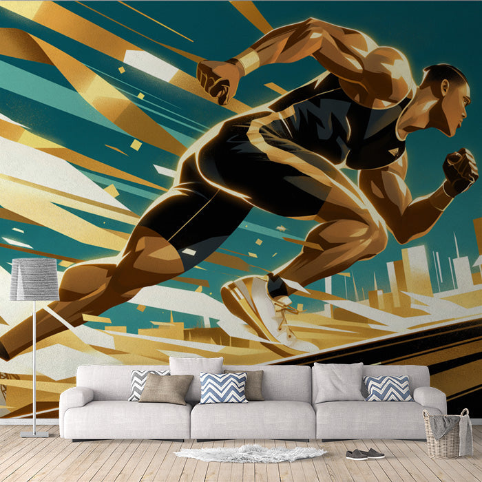 Running Athlete Mural Wallpaper in Living Room | Blue, Gold, and Black Running Athlete