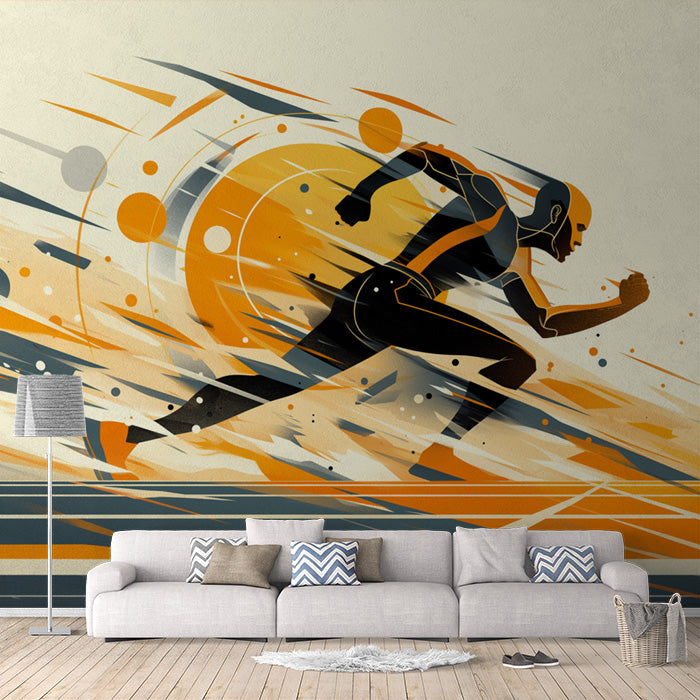 Abstract Runner Mural Wallpaper in Living Room | Orange, Black, and Beige Runner