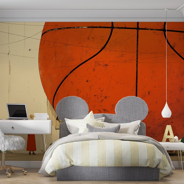 Giant Basketball in Alley Mural Wallpaper in Bedroom | Orange, Blue, and Various Colors Basketball