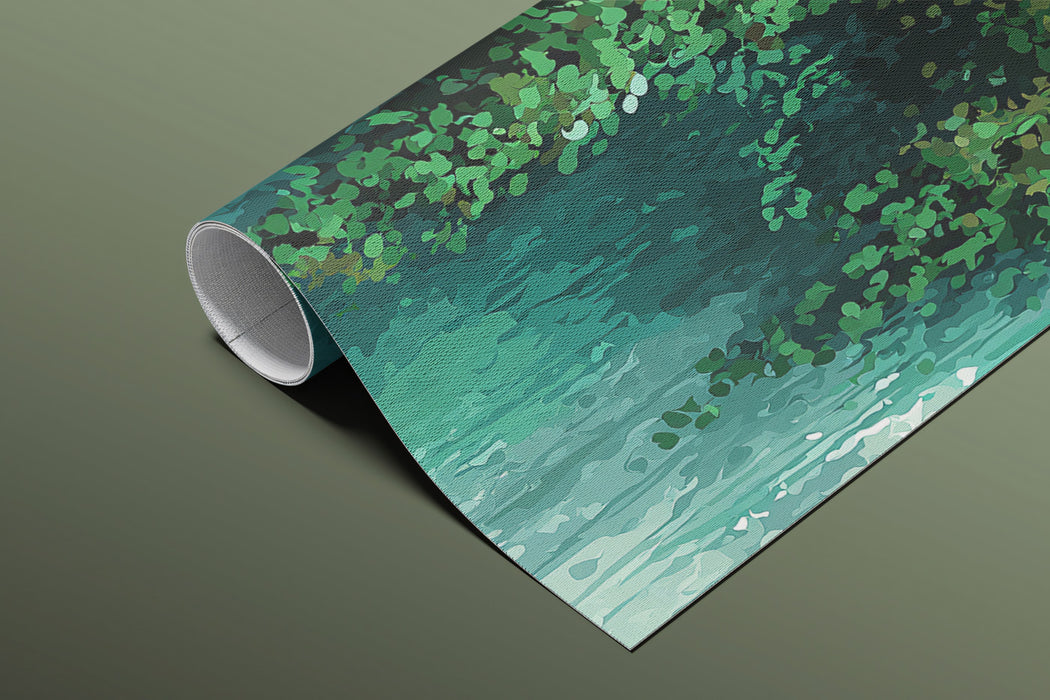 Carta da parati murale con cascata astratta | Foresta rigogliosa e texture smeraldo