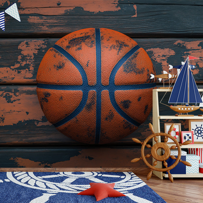 Rustic Basketball Mural Wallpaper in Bedroom | Orange, Blue, and Brown Basketball