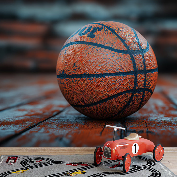 Rustic Basketball Mural Wallpaper in Bedroom | Orange, Blue, and Brown Basketball