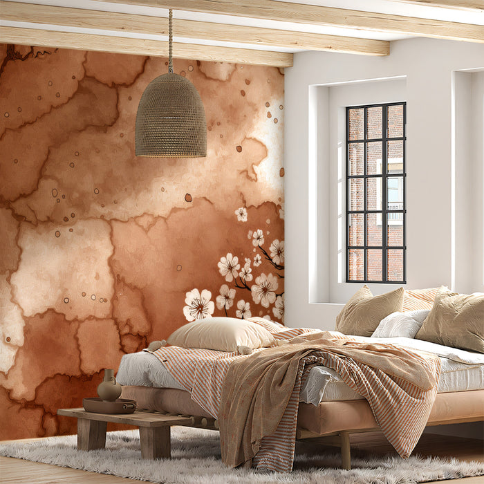 Wabi-Sabi Cherry Blossom Mural Wallpaper | Rustic Cracks & Flowers