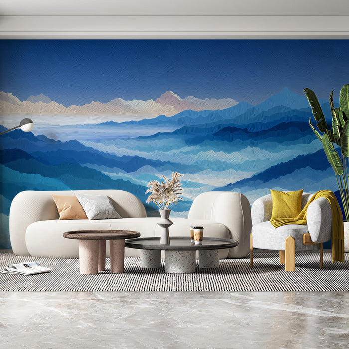 Blue Mountain Mural Wallpaper | Serene Oil Painted Landscape