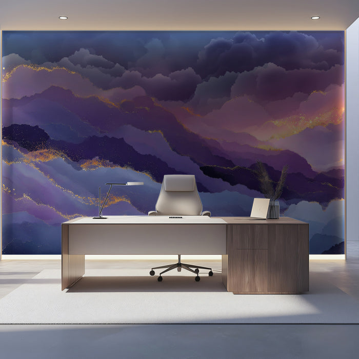 Celestial Purple Mural Wallpaper | Abstract Gold Mountains and Clouds
