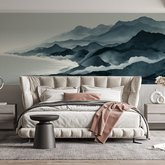 Monochromatic Ink Wash Mural Wallpaper | Serene Misty Mountain Landscape