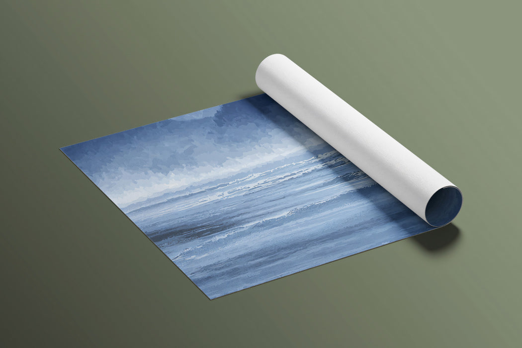 Serene Blue Coastal Mural Wallpaper | Misty Mountains and Ocean Waves