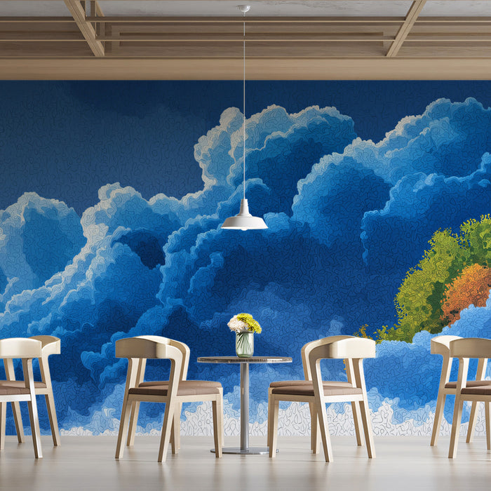 Abstract Floating Island Mural Wallpaper | Whimsical Blue Sky and Clouds