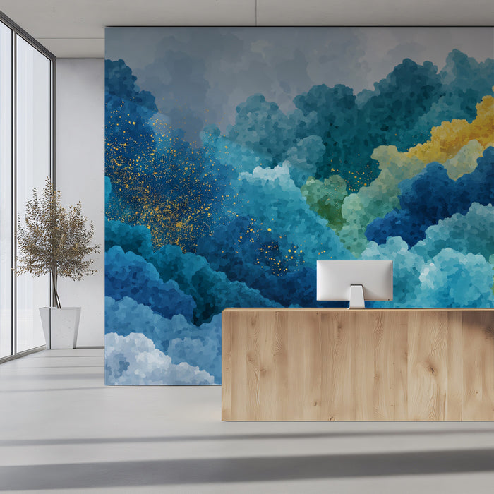 Abstract Mountain Mural Wallpaper | Vibrant Gold and Blue Texture