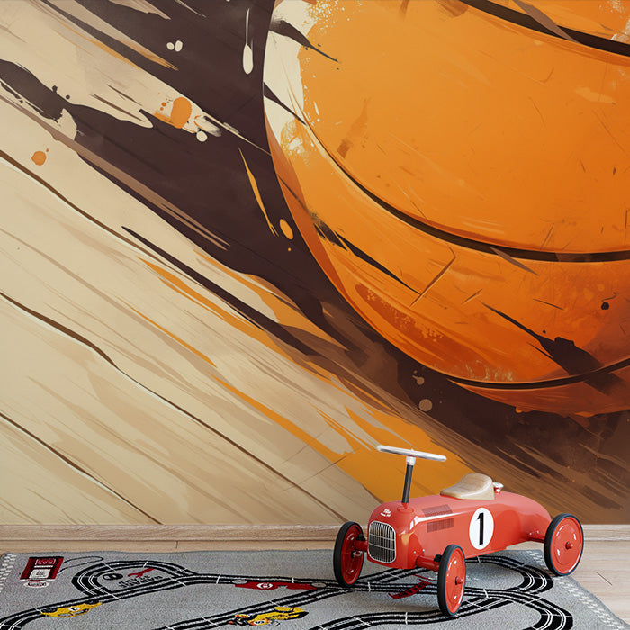 Abstract Basketball Mural Wallpaper in Bedroom | Orange, Brown, and Beige Basketball