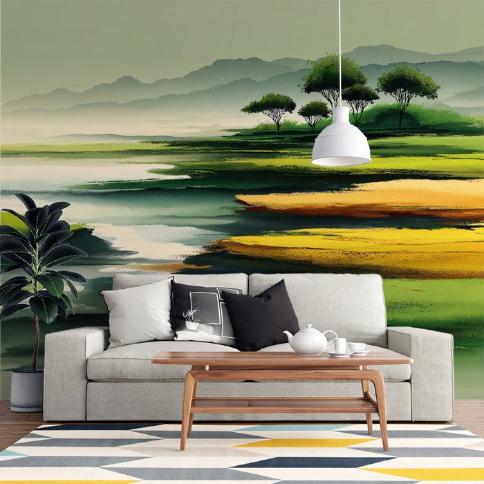 Serene Green Mural Wallpaper | Abstract Pastoral Landscape