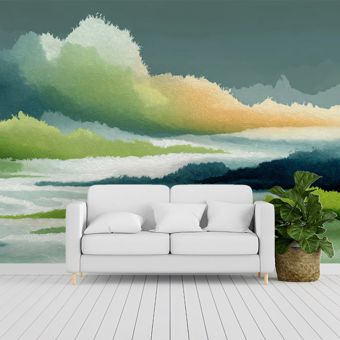 Abstract Cloudscape Mural Wallpaper | Green and Blue Textured Art