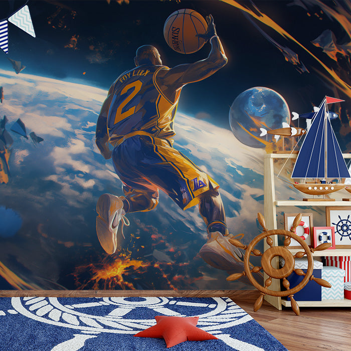 Basketball Player in Space Mural Wallpaper in Bedroom | Blue, Yellow, and Various Colors of Basketball Player