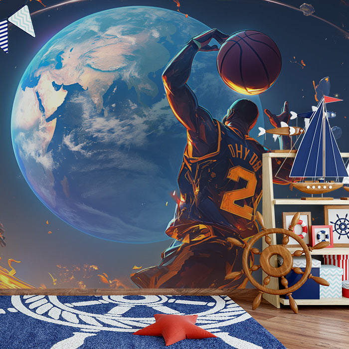 Basketball Player in Space Mural Wallpaper in Bedroom | Blue, Yellow, and Various Colors of Basketball Player