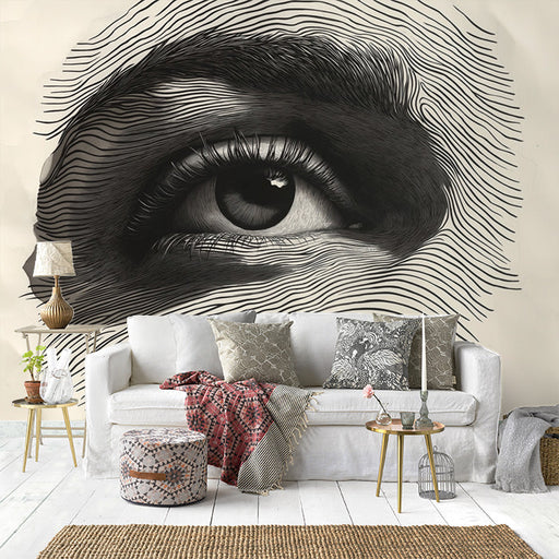 Giant Eye Mural Wallpaper in Living Room | Black and Beige Eye