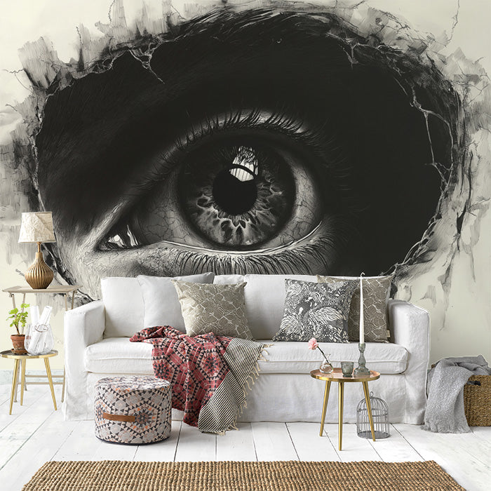 Giant Eye Mural Wallpaper in Living Room | Black and Beige Eye