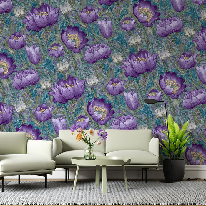 Carta da parati murale floreale serena | Viola chiaro e verde