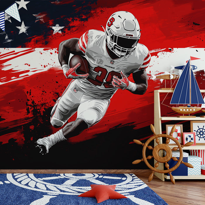 American Football Player with Flag Mural Wallpaper in Bedroom | Red, White, Black, and Various Colors of American Football Player