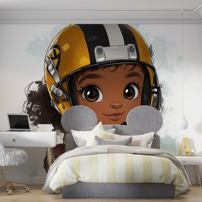 Cartoon Football Player Girl Mural Wallpaper in Bedroom | Various Colors (Yellow, Black, White, etc.) of Rugby Girl