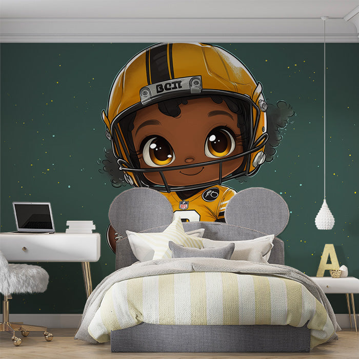 Cartoon Football Player Girl Mural Wallpaper in Bedroom | Various Colors (Yellow, Black, White, etc.) of Rugby Girl