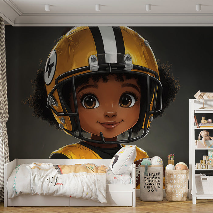 Cartoon Football Player Girl Mural Wallpaper in Bedroom | Various Colors (Yellow, Black, White, etc.) of Rugby Girl