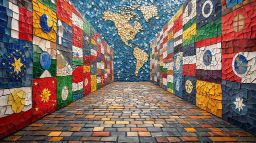 World Map Mosaic Mural Wallpaper in Living Room | Various Colors (Blue, Red, Yellow, etc.) of World Map