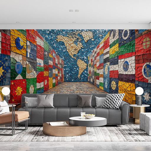 World Map Mosaic Mural Wallpaper in Living Room | Various Colors (Blue, Red, Yellow, etc.) of World Map