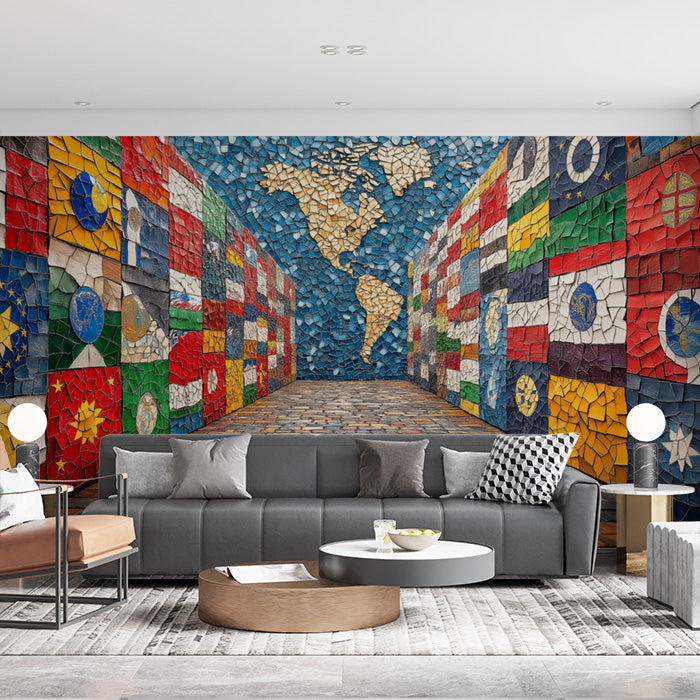 World Map Mosaic Mural Wallpaper in Living Room | Various Colors (Blue, Red, Yellow, etc.) of World Map