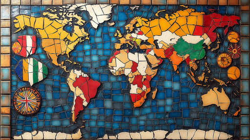World Map Mosaic Mural Wallpaper in Living Room | Various Colors (Blue, Red, Yellow, etc.) of World Map