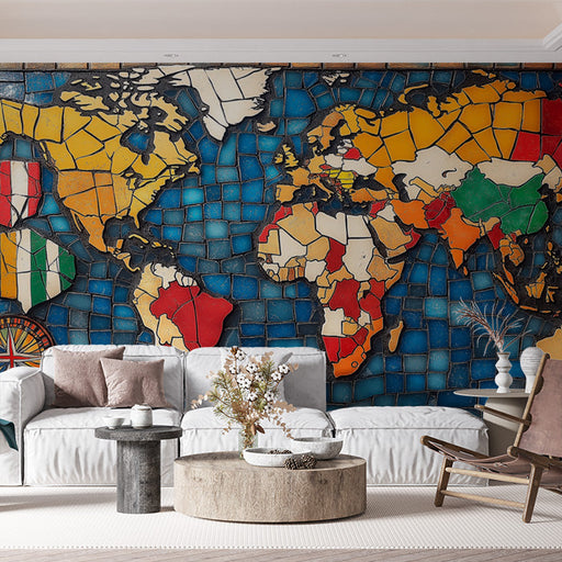 World Map Mosaic Mural Wallpaper in Living Room | Various Colors (Blue, Red, Yellow, etc.) of World Map