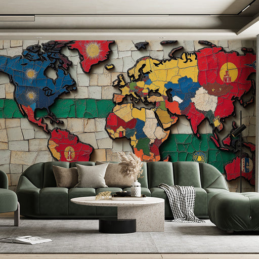 World Map Mosaic Mural Wallpaper in Living Room | Various Colors (Blue, Red, Yellow, etc.) of World Map