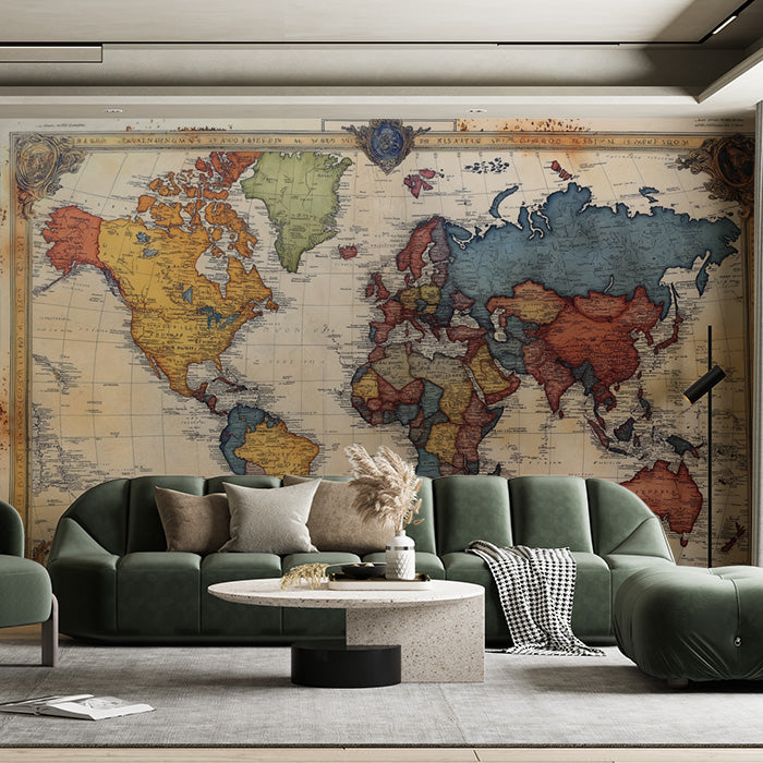 Vintage World Map Mural Wallpaper in Living Room | Various Colors (Beige, Brown, Blue, etc.) of World Map