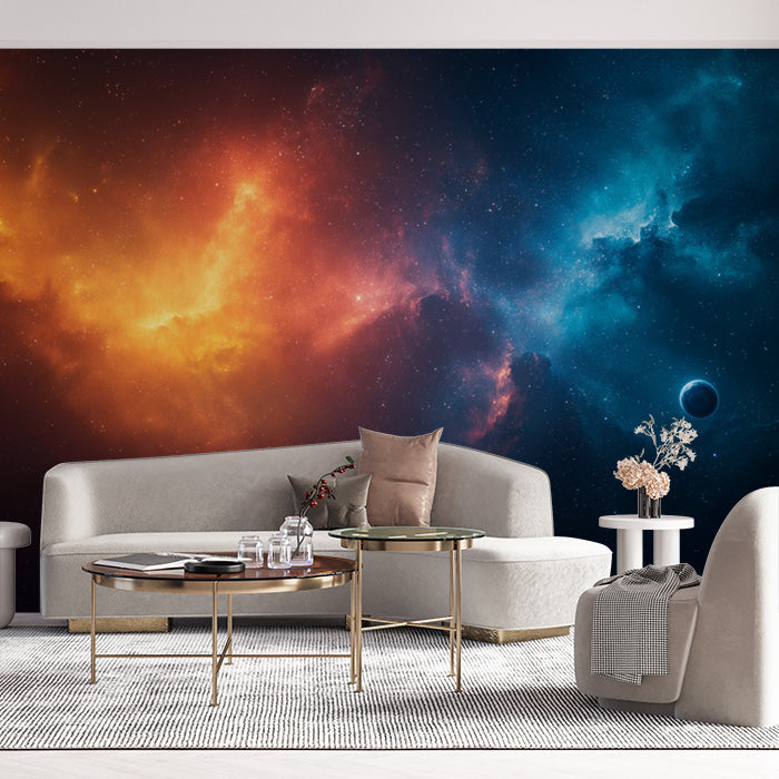 Spaceship Window View Mural Wallpaper in Living Room | Various Colors (Blue, Orange, Yellow, etc.) of Spaceship