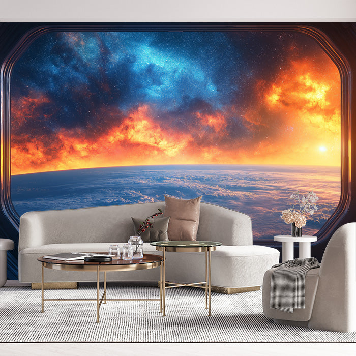 Spaceship Window View Mural Wallpaper in Living Room | Various Colors (Blue, Orange, Yellow, etc.) of Spaceship