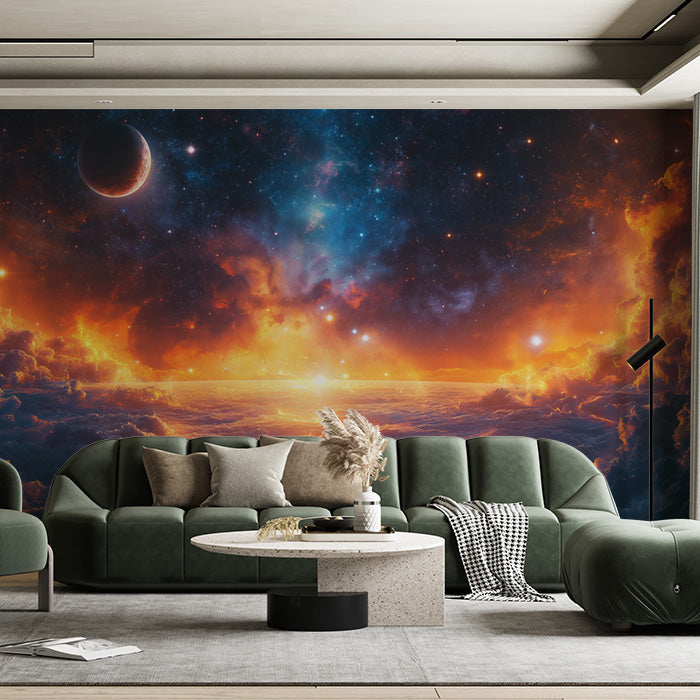 Spaceship Window View Mural Wallpaper in Living Room | Various Colors (Blue, Orange, Yellow, etc.) of Spaceship