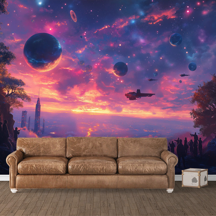 Cosmic Landscape Mural Wallpaper in Office | Various Colors (Purple, Orange, Blue, etc.) of Spaceship