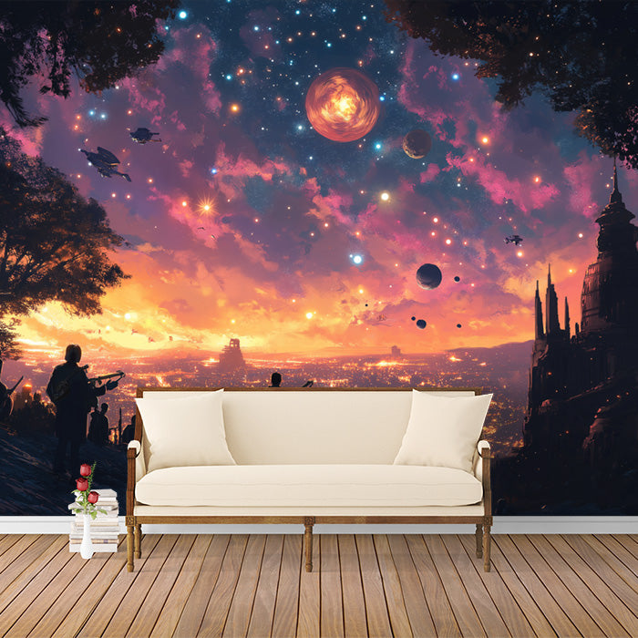 Cosmic Landscape Mural Wallpaper in Office | Various Colors (Purple, Orange, Blue, etc.) of Spaceship