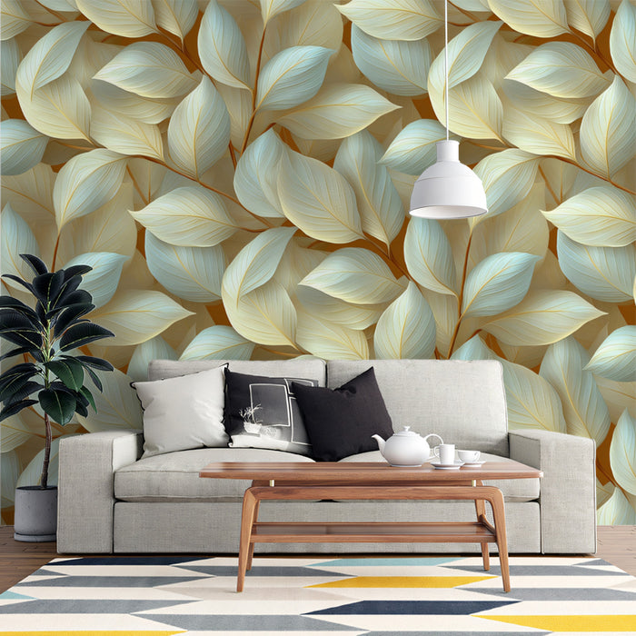 Sculptural Leaf Mural Wallpaper | Luxurious Blue and Beige