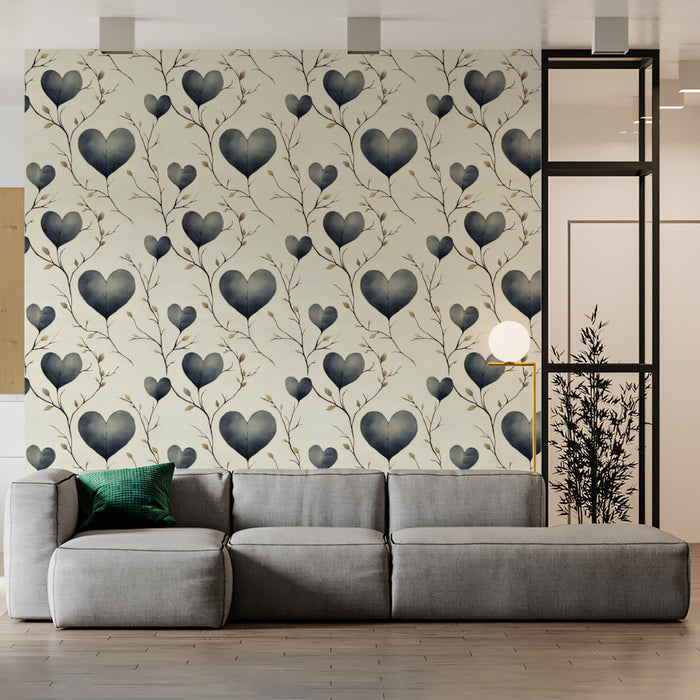 Carta da parati murale con cuori romantici | Foglie astratte blu-grigio