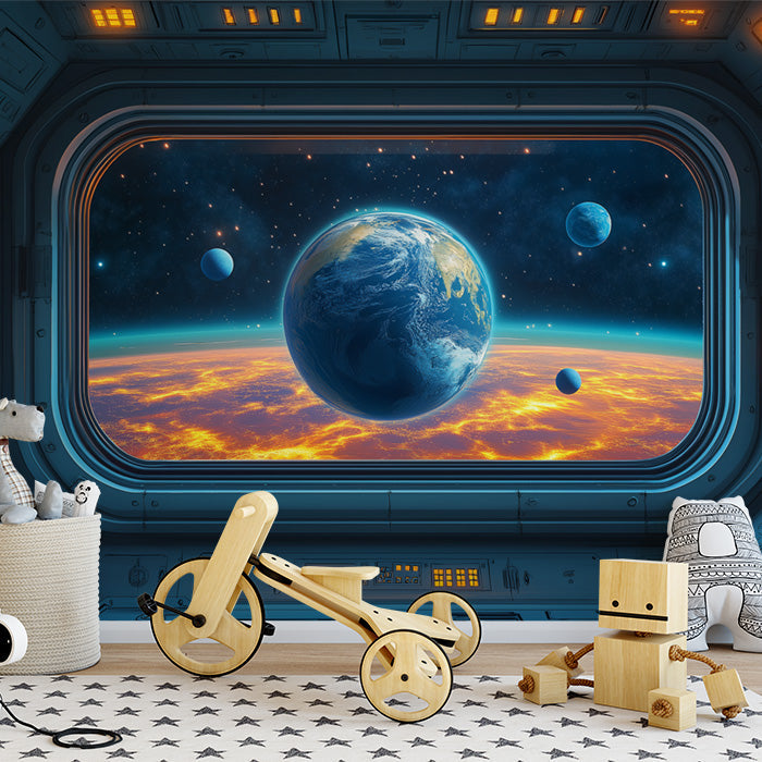 Spaceship Interior View Mural Wallpaper in Child's Room | Various Colors (Blue, Orange, etc.) of Spaceship