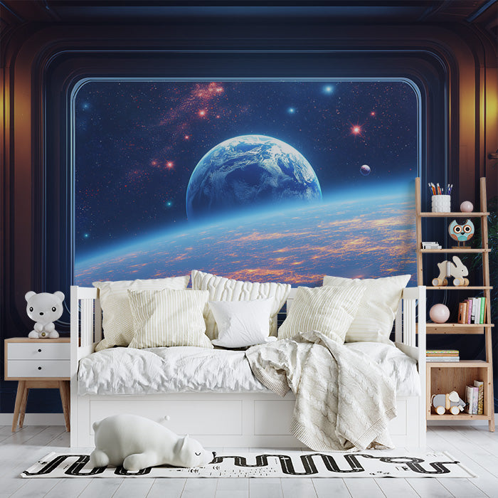 Spaceship Interior View Mural Wallpaper in Child's Room | Various Colors (Blue, Orange, etc.) of Spaceship
