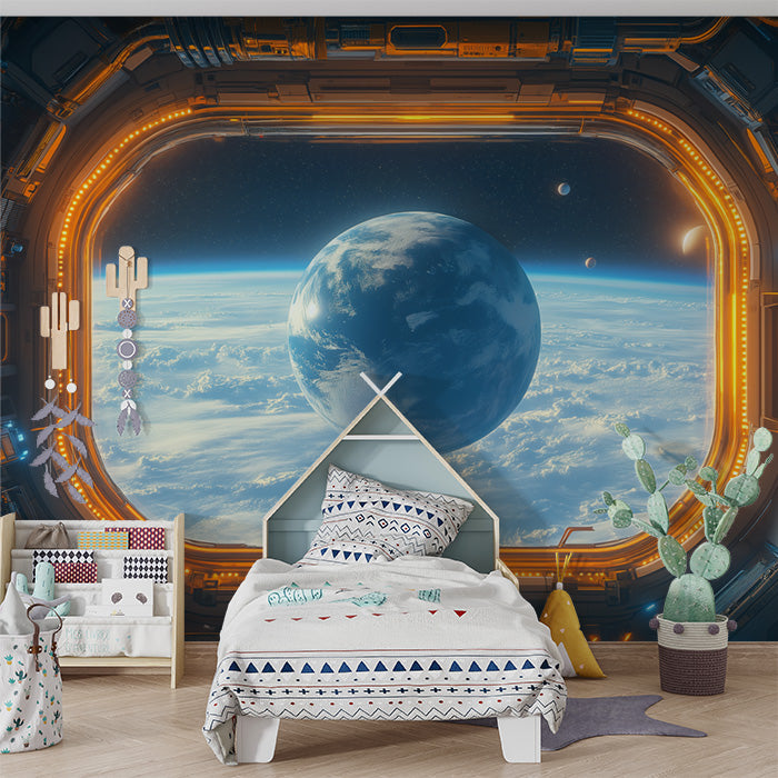 Spaceship Interior View Mural Wallpaper in Child's Room | Various Colors (Blue, Orange, etc.) of Spaceship