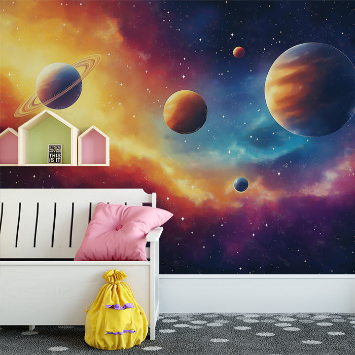 Cartoon Space Scene Wallpaper in Child's Room | Various Colors of Space (Pink, Yellow, Blue, etc.)