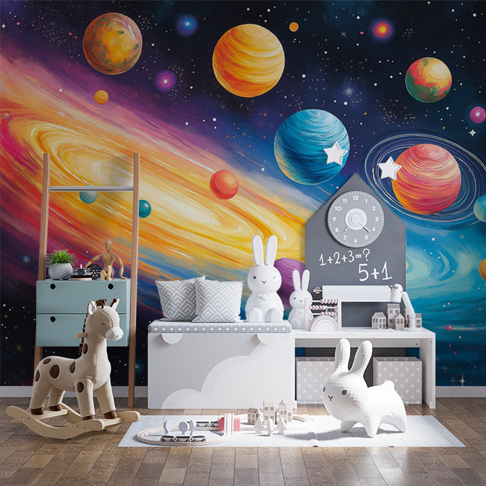 Cartoon Space Scene Wallpaper in Child's Room | Various Colors of Space (Pink, Yellow, Blue, etc.)
