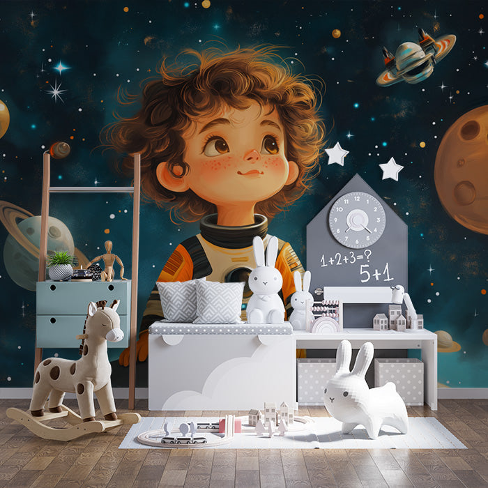 Child Astronaut in Space Wallpaper in Child's Room | Various Colors (Blue, Orange, etc.) of Child Astronaut