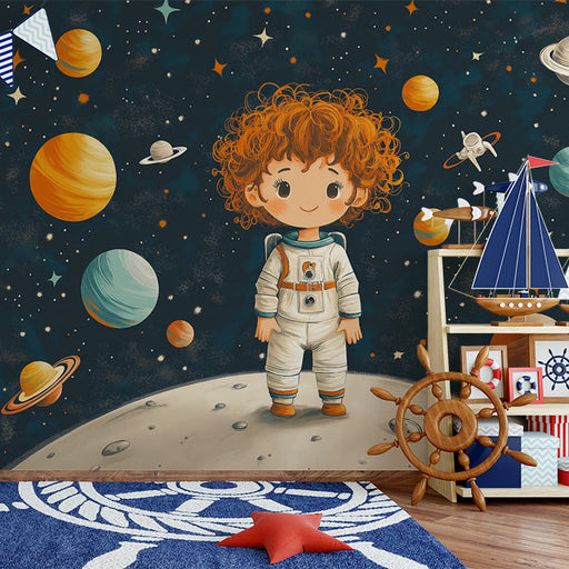 Child Astronaut in Space Wallpaper in Child's Room | Various Colors (Blue, Orange, etc.) of Child Astronaut