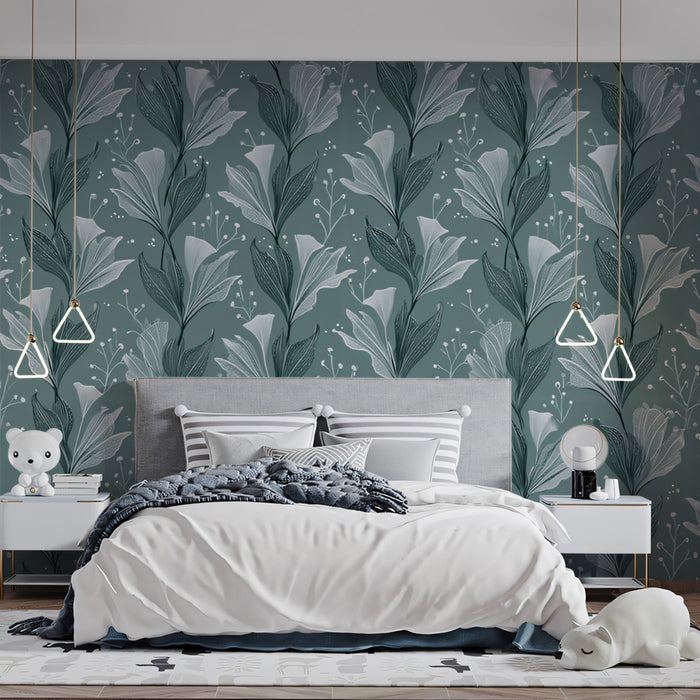 Grayscale Floral Vines Mural Wallpaper | Deep Teal and Gray